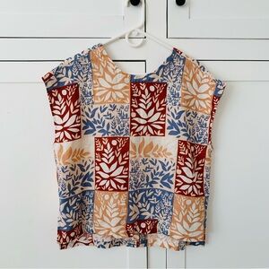 Sigrid Olsen Boxy Linen Orange Blue Leaf Print Top Size Large